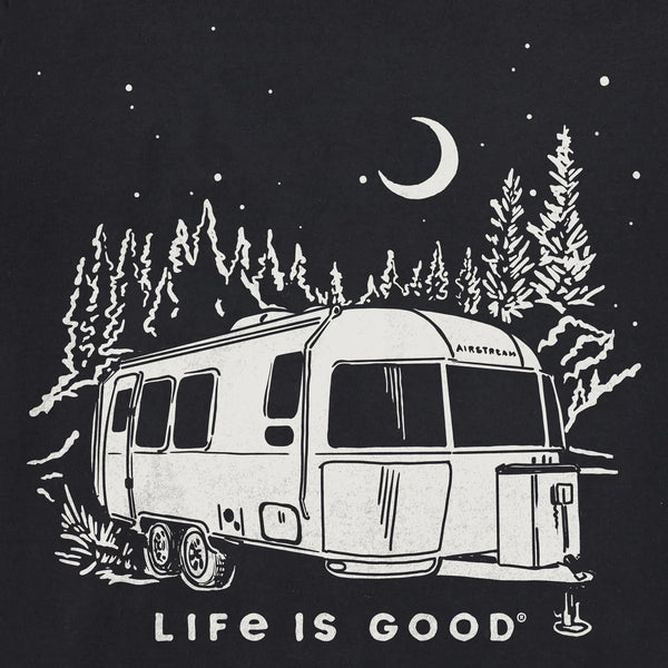 Illustration of a camper with trees and moon on a black background, featuring 'Life is Good' branding.