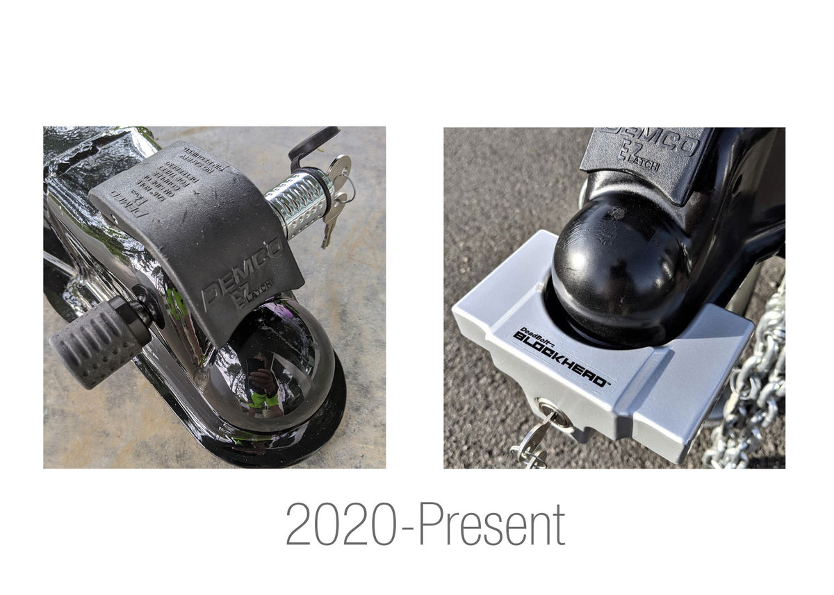 Side-by-side close-up photos of a trailer hitch: one with a black plastic cover, and the other showcasing the rectangular silver lock from the Airstream Anti-Theft Hitch and Trailer Lock Kit, emphasizing advanced Airstream security solutions, with “2020–Present” written below.