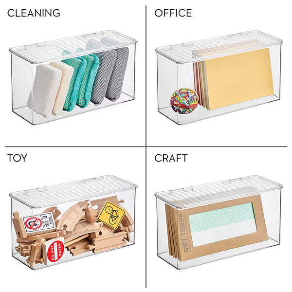 Clear storage bins labeled for cleaning, office, toy, and craft purposes with various items inside.