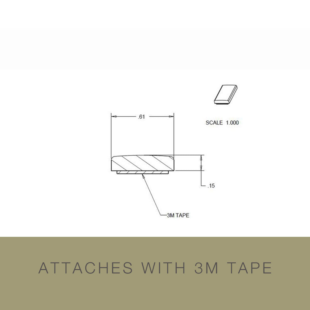 Technical drawing of a rectangular object, dimensions 61 by 0.15 units, labeled “3M TAPE” indicating tape placement. Above is a 3D sketch; below, text reads: “ATTACHES WITH 3M TAPE.” The Airstream Premium Replacement Belt Trim for Travel Trailers is expertly crafted from aluminum and designed for simple installation using durable 3M tape—ideal as an Airstream exterior accessory or direct replacement belt trim.