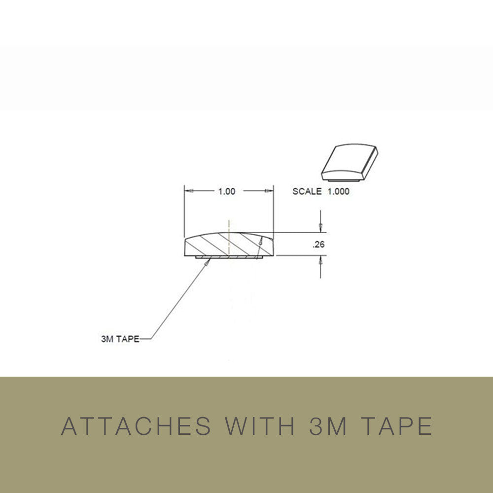 Technical drawing of a small rectangular object, shown with dimensions (1.00 by 0.26) and labeled 3M tape, indicating it attaches using 3M tape. The Airstream Premium Replacement Rub Rail for Travel Trailers provides a modern alternative to traditional riveted aluminum Airstream designs. Text below reads: ATTACHES WITH 3M TAPE.