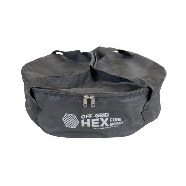 Gray carrying bag with 'Off-Grid Hex Fire Bowl' text on a white background