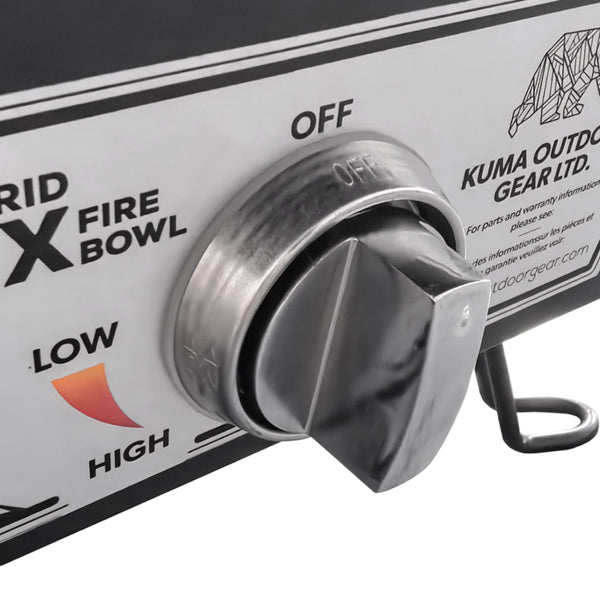 A close-up of a metal control knob for the Off Grid Hex Fire Bowl by KUMA Outdoor Gear, showing settings labeled OFF, LOW, and HIGH.