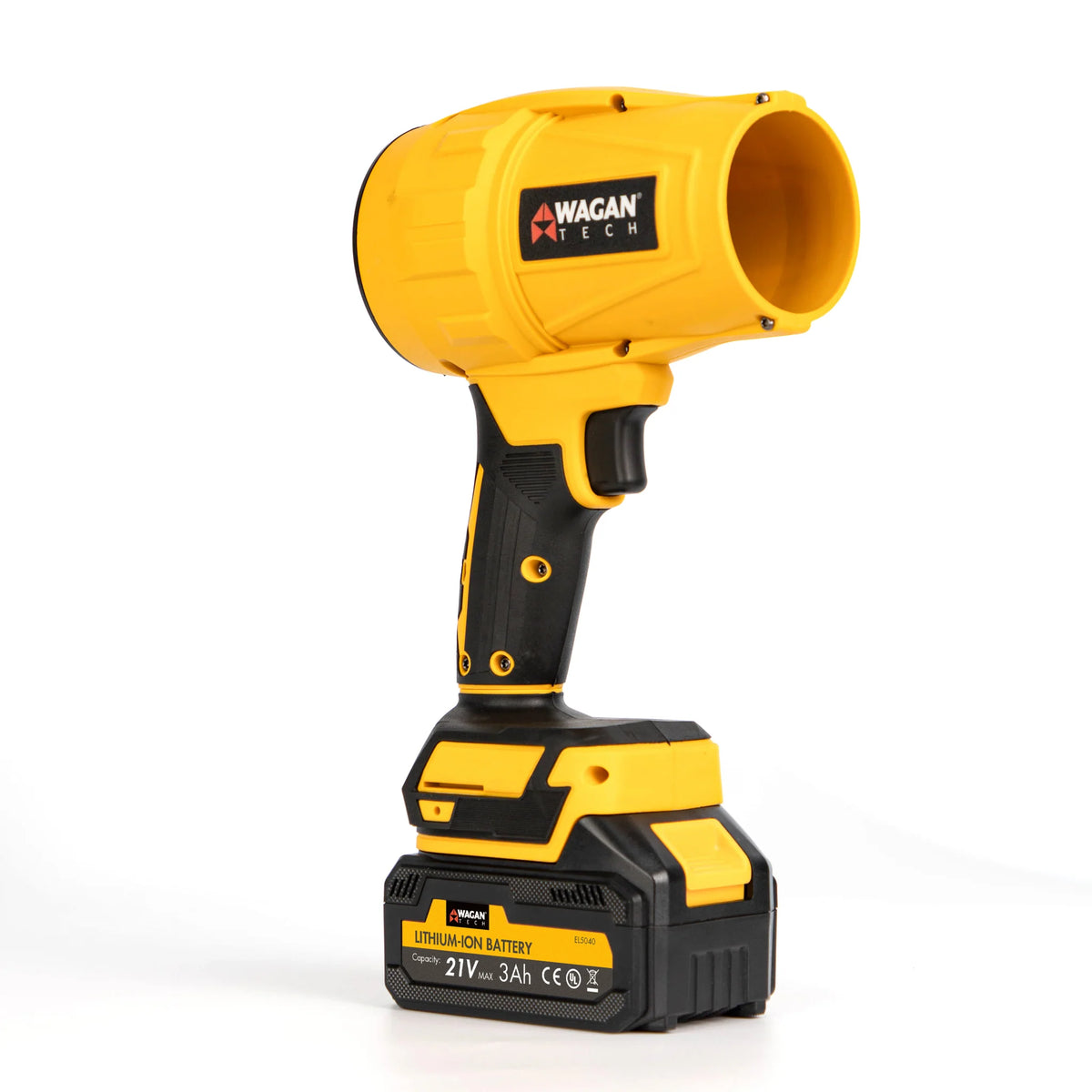 A yellow and black Jetblow by Wagan Tech handheld cordless spotlight, featuring a detachable lithium-ion battery at the base and showcased against a white background—ideal for campsite cleanup or pairing with your favorite compact blower for extra convenience.