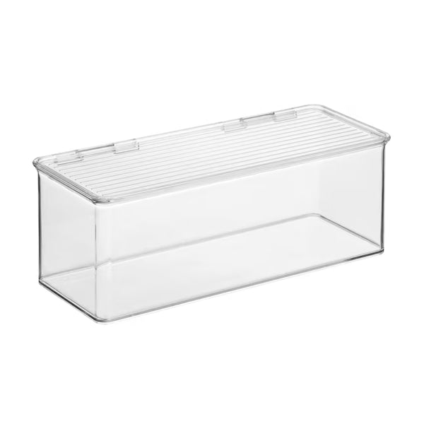 A clear plastic storage box with a slatted lid, shown on a plain white background.