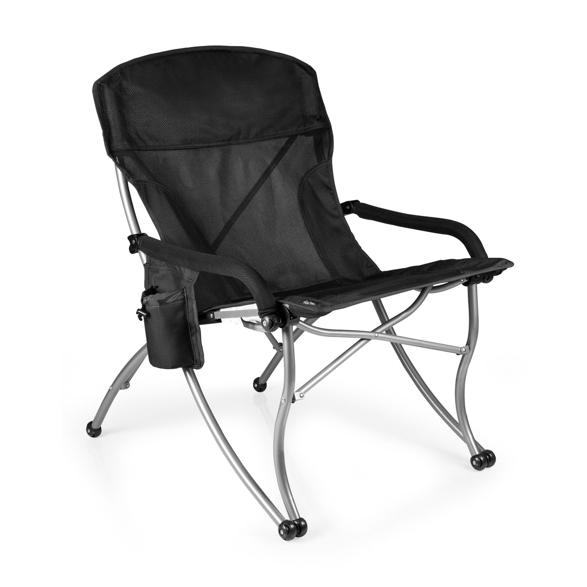 The Airstream XL Heavy Duty Camp Chair is a black folding chair with armrests, featuring a silver metal frame for added durability and a mesh backrest for breathability. It includes a convenient cup holder on the left side and is shown angled on a white background, offering comfort and sturdy support for outdoor adventures.