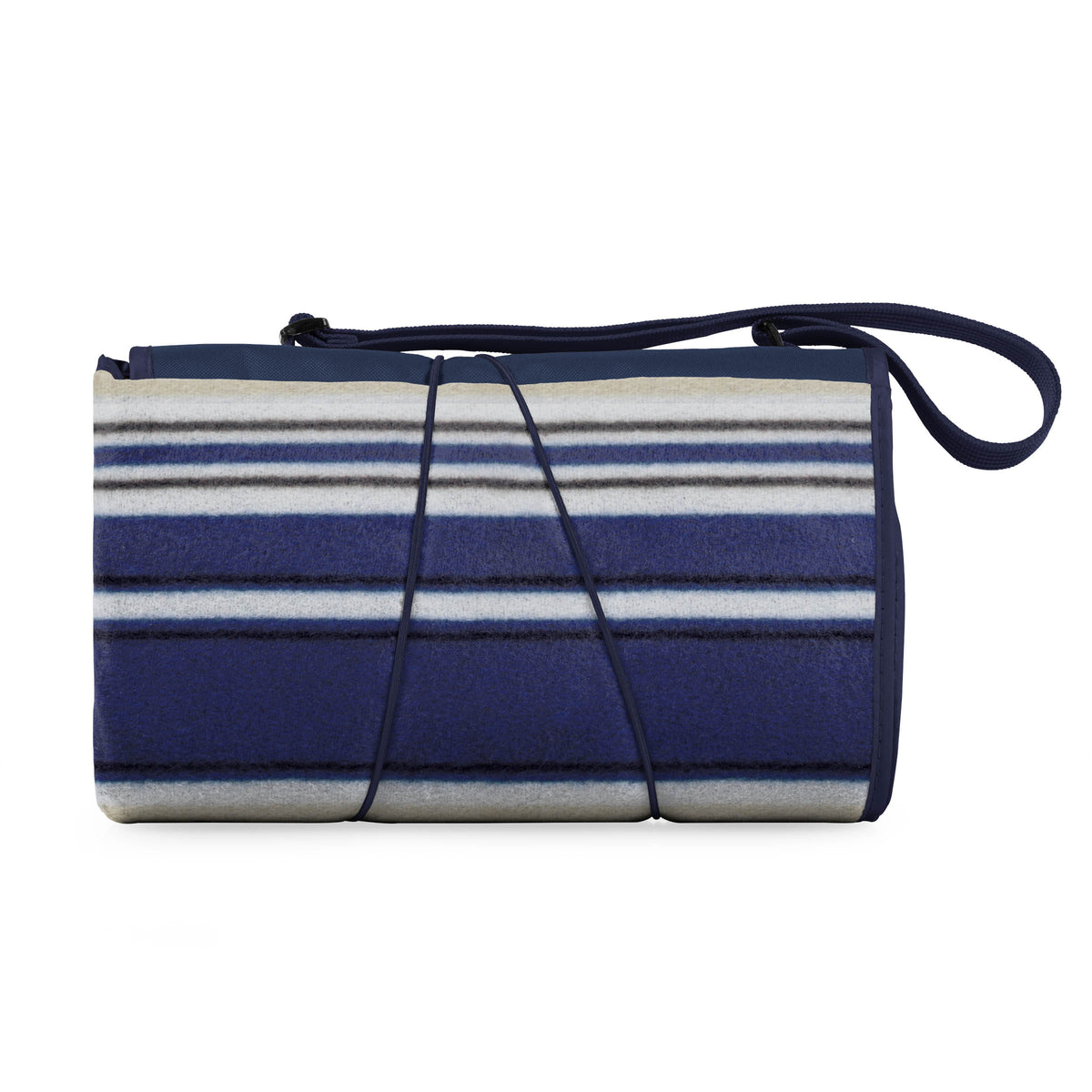 The Airstream Outdoor Picnic Blanket features blue, white, and gray horizontal stripes and a convenient black carrying strap, making it the perfect portable camping blanket for outdoor adventures.