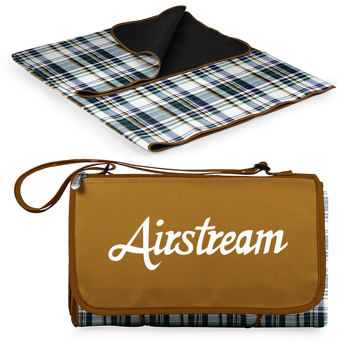 The Airstream Outdoor Picnic Blanket features “Airstream” written on the front and comes in a brown design. It is shown both folded, with a convenient carrying strap for easy transport, and unfolded to display a blue and white plaid pattern with a black underside. This portable camping blanket is ideal for outdoor adventures or relaxing picnics.