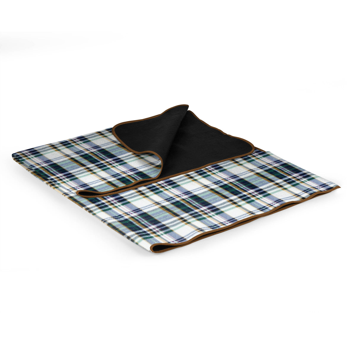 The Airstream Outdoor Picnic Blanket features a white, blue, and green checkered plaid pattern on one side and a solid dark lining on the other, shown folded against a white background.
