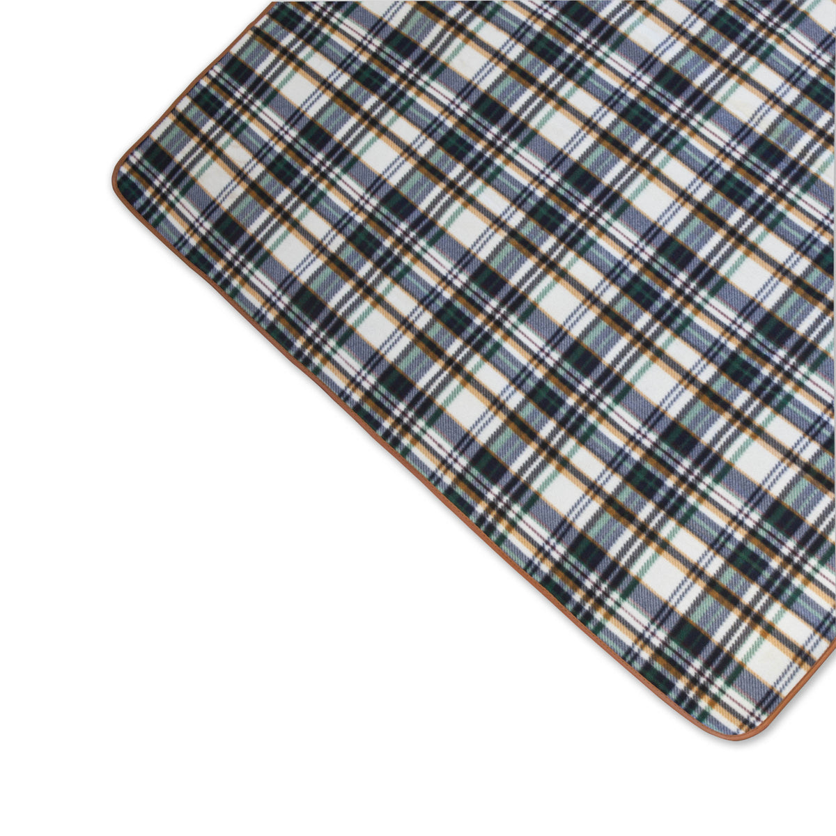 A close-up of the Airstream Outdoor Picnic Blanket, a rectangular mat with a blue, green, black, and white plaid pattern and a brown edge. This portable camping blanket is displayed on a white background.