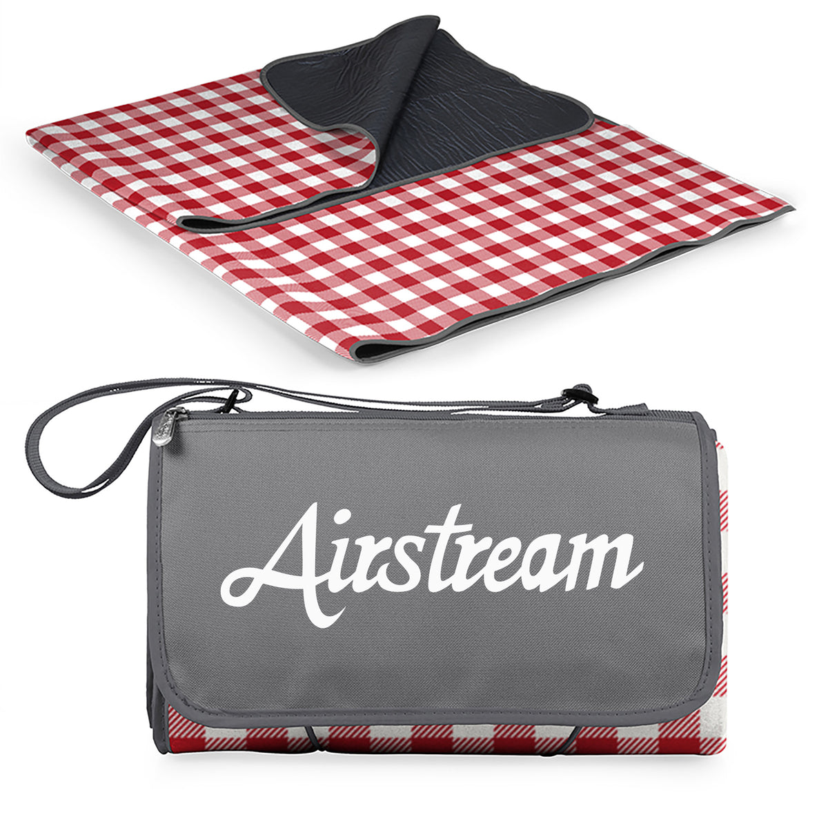 The Airstream Outdoor Picnic Blanket is pictured both open in its classic red and white checkered pattern and folded up. When folded, the blanket features a gray flap with “Airstream” printed in white, plus a convenient carrying strap—making it the perfect portable companion for outdoor adventures.