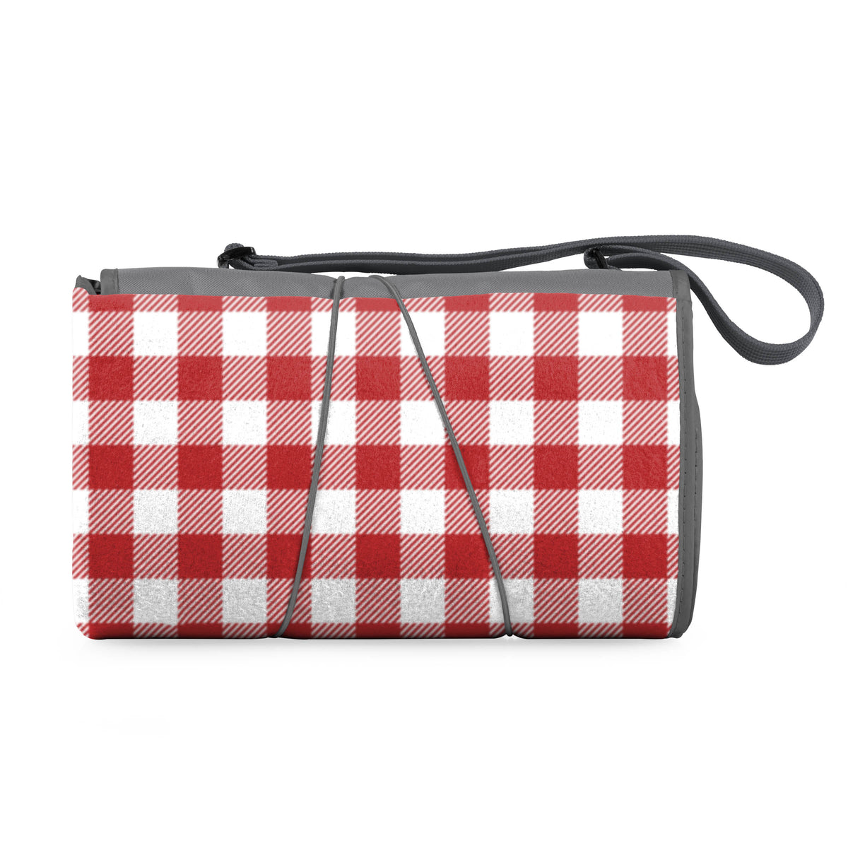 The Airstream Outdoor Picnic Blanket features a red and white checkered pattern, rolls up easily for transport, and is secured with a gray strap and black carrying handle—making it perfect for outdoor adventures.