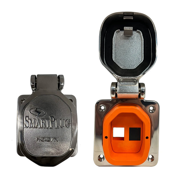 Two SmartPlug Stainless Steel Data Port Cose/Inlet Only units, one with the cover closed and one with the cover open revealing an orange interior with two rectangular slots.