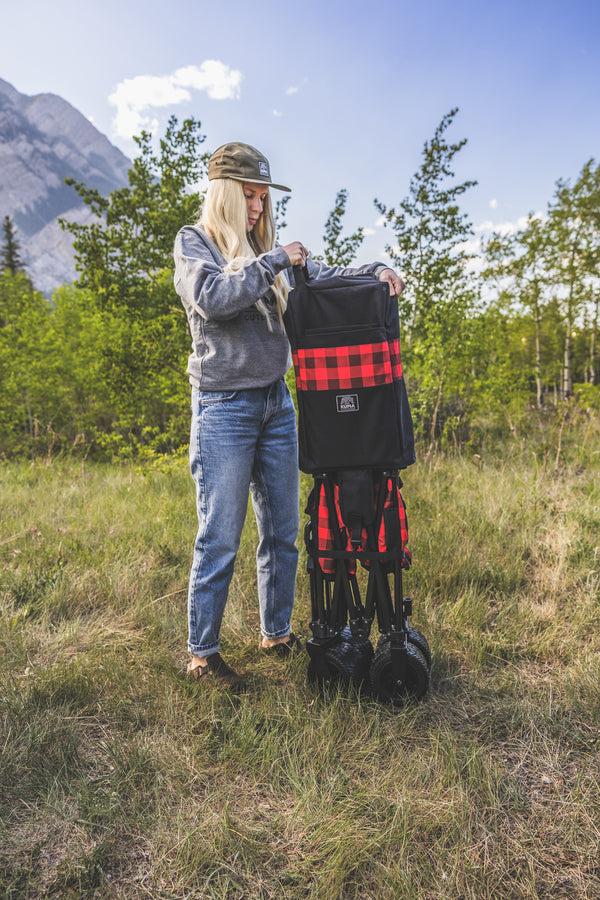 A woman in a gray sweatshirt and blue jeans stands in a grassy outdoor field with trees and mountains in the background, holding a black and red buffalo plaid folding stroller.