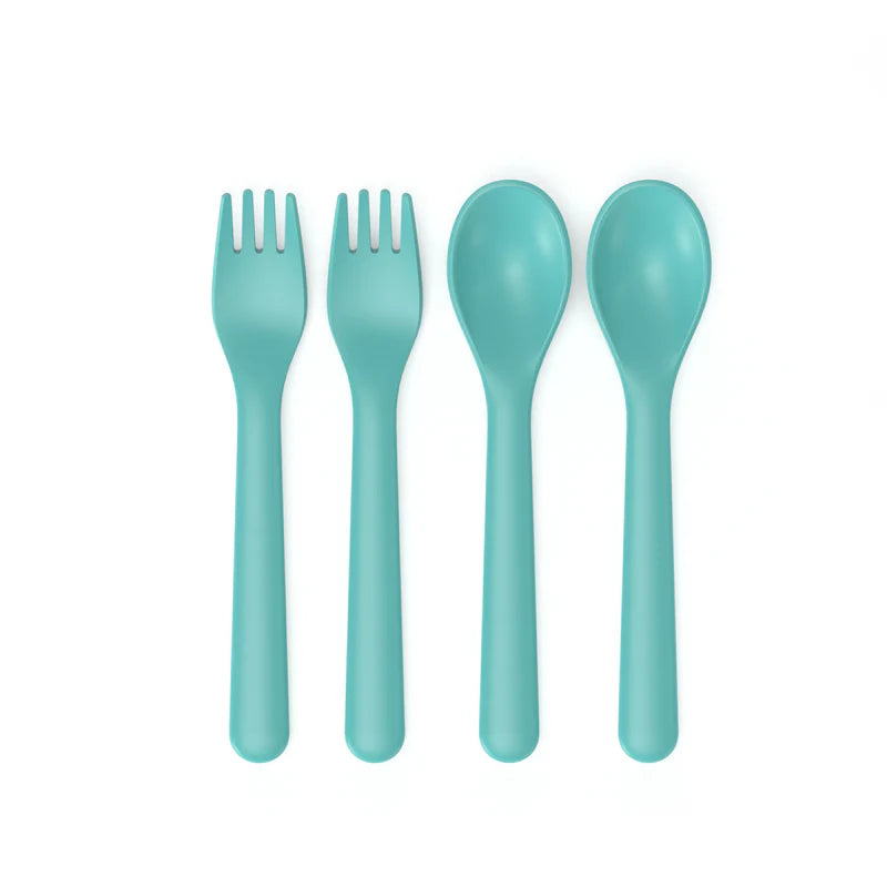 Two sets of Bamboo Reusable Cutlery Set Duos by Ekobo, each including a fork and a spoon in teal, are arranged side by side on a white background. Crafted from BPA-free materials, these stylish and eco-friendly utensils provide a safe and sustainable choice for everyday dining.