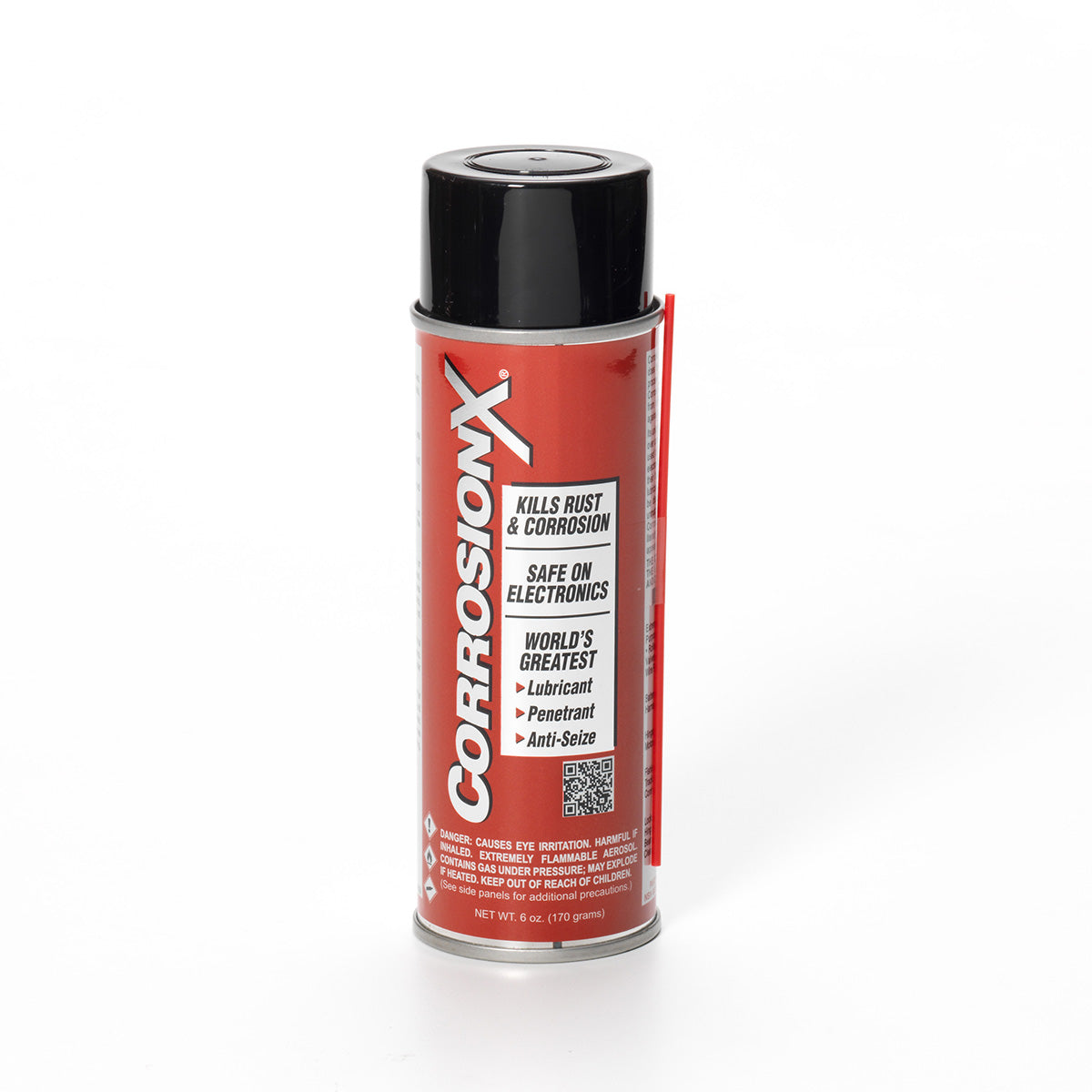 A red can of CorrosionX with a black cap, featuring labels highlighting its rust protection, electronics safety, lubrication, corrosion prevention, and anti-seize properties.