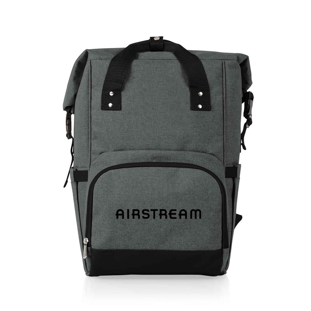 Airstream Travel Roll-Top Cooler Backpack in gray, featuring black handles and accents, a front zippered pocket with “AIRSTREAM” printed in black on the pocket, set against a plain white background.