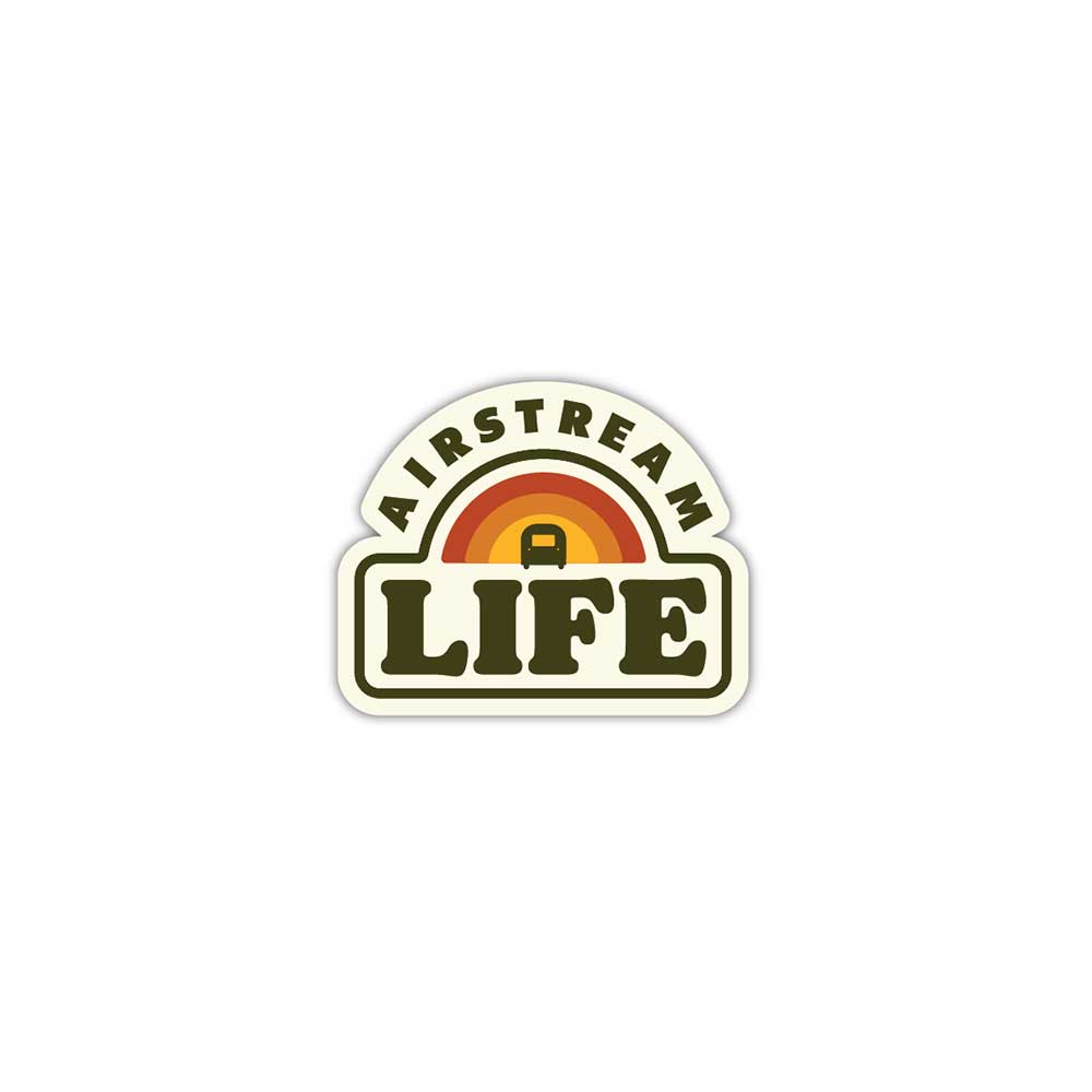 Add a pop of color to your Airstreamer life with the Airstream Rainbow Sticker—a retro-inspired design featuring warm rainbow arches, the bold “AIRSTREAM LIFE” text, and a charming camper icon above “LIFE,” all on a crisp white background.