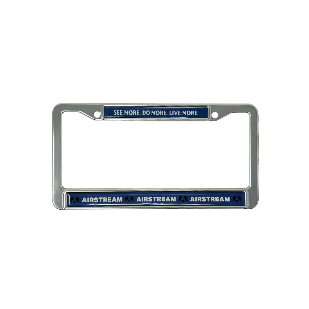 Add a sleek, durable touch to your adventures with the Airstream See More. Do More. Live More. License Plate Frame—crafted in silver with stylish blue accents, featuring “SEE MORE. DO MORE. LIVE MORE.” at the top and “AIRSTREAM” repeated three times with small logos along the bottom, making it the perfect accessory for your next journey.