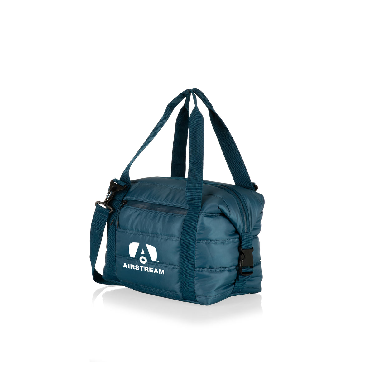 The Airstream All-Day Insulated Cooler Bag features a teal design with dark blue handles, a convenient shoulder strap, side pocket, front buckle, and a white Airstream logo displayed on the front. This stylish cooler bag is shown against a plain white background.