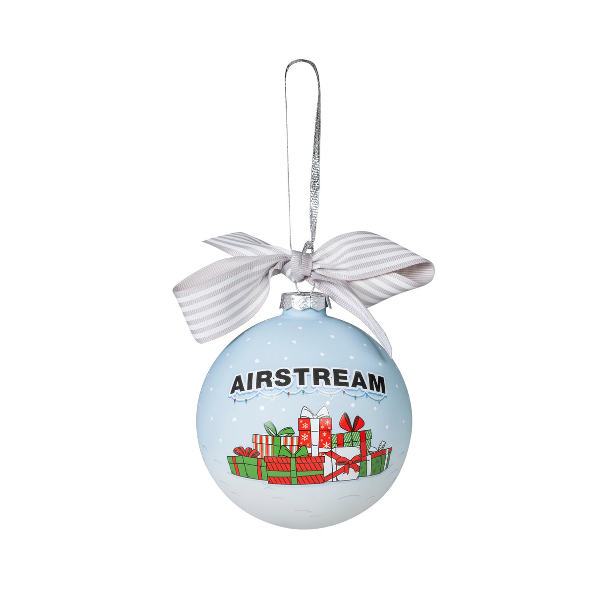 Add a festive touch to your Christmas tree with the Airstream Holiday Glass Globe Ornament—a light blue glass decoration featuring “AIRSTREAM” above a pile of colorful presents, topped with a silver and white striped bow and hanging loop.