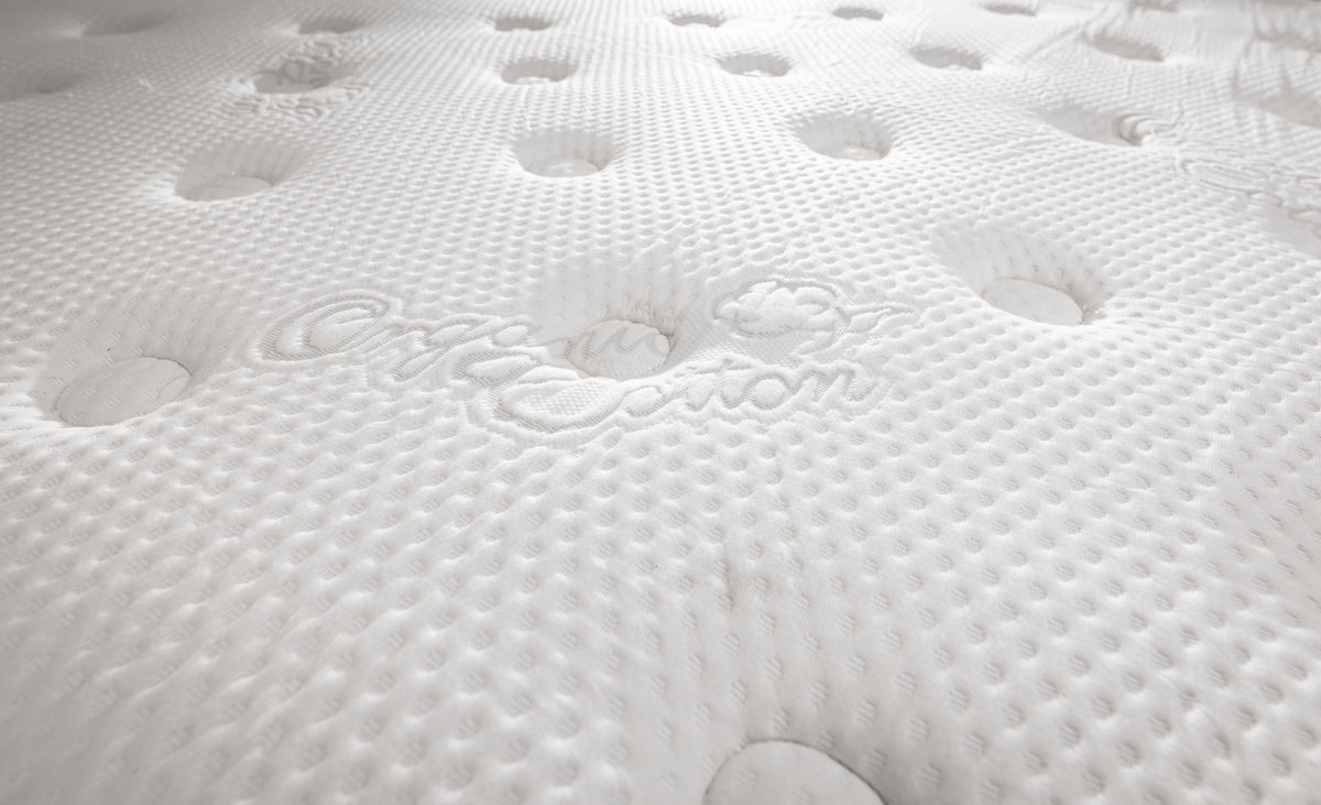 Close-up of a white textured surface on the Airstream Replacement Mattress for International Travel Trailers, featuring circular indents and stitched writing that reads “Organic Option.” The fabric displays a patterned, dimpled appearance, highlighting the high-quality craftsmanship expected in a custom-made mattress.