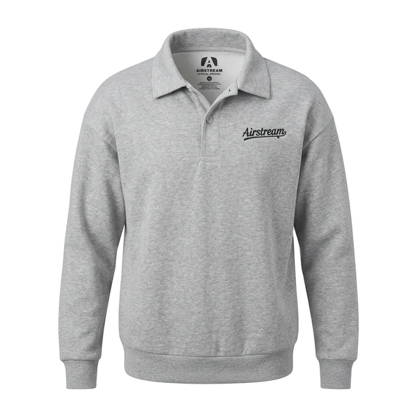 Grey sweatshirt with a polo color and button. Airstream logo on left chest