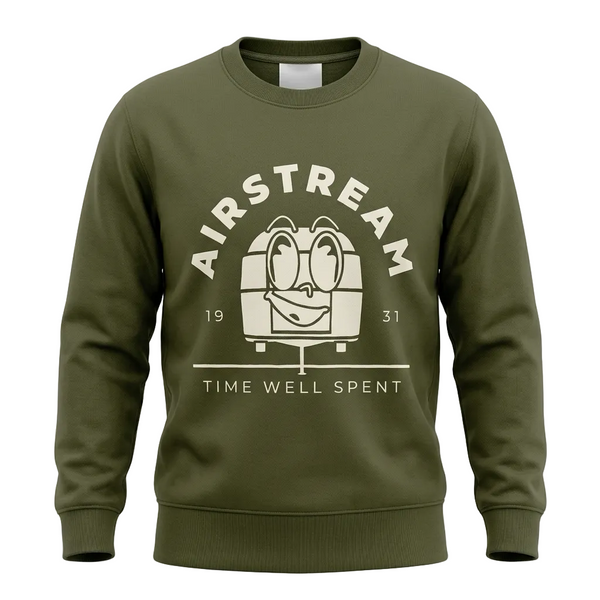 Olive green crew neck sweatshirt with "Airstream time well spent" and a trailer character across the front