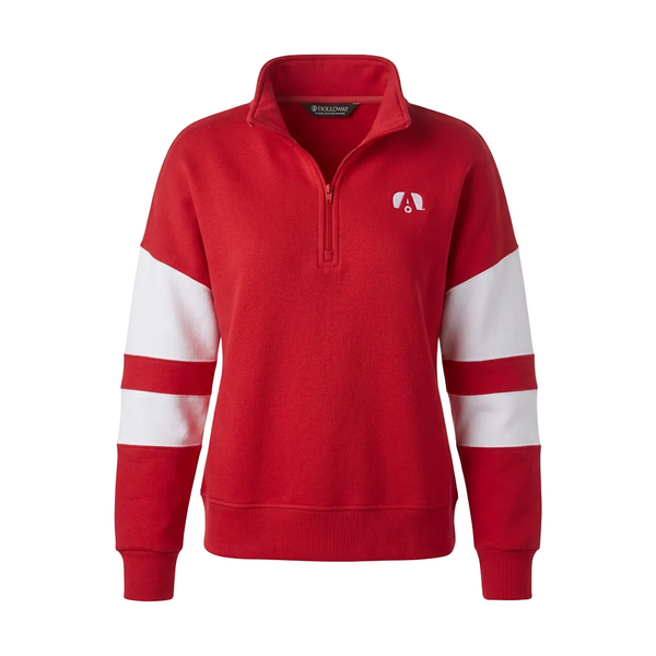 A red and white quarter-zip sweatshirt with a small white logo on the left chest, displayed on a clean white background.