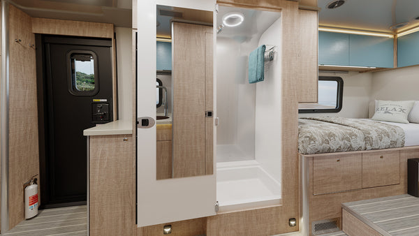 shower with door open, inside of RV