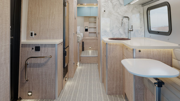 inside of a modern RV galley