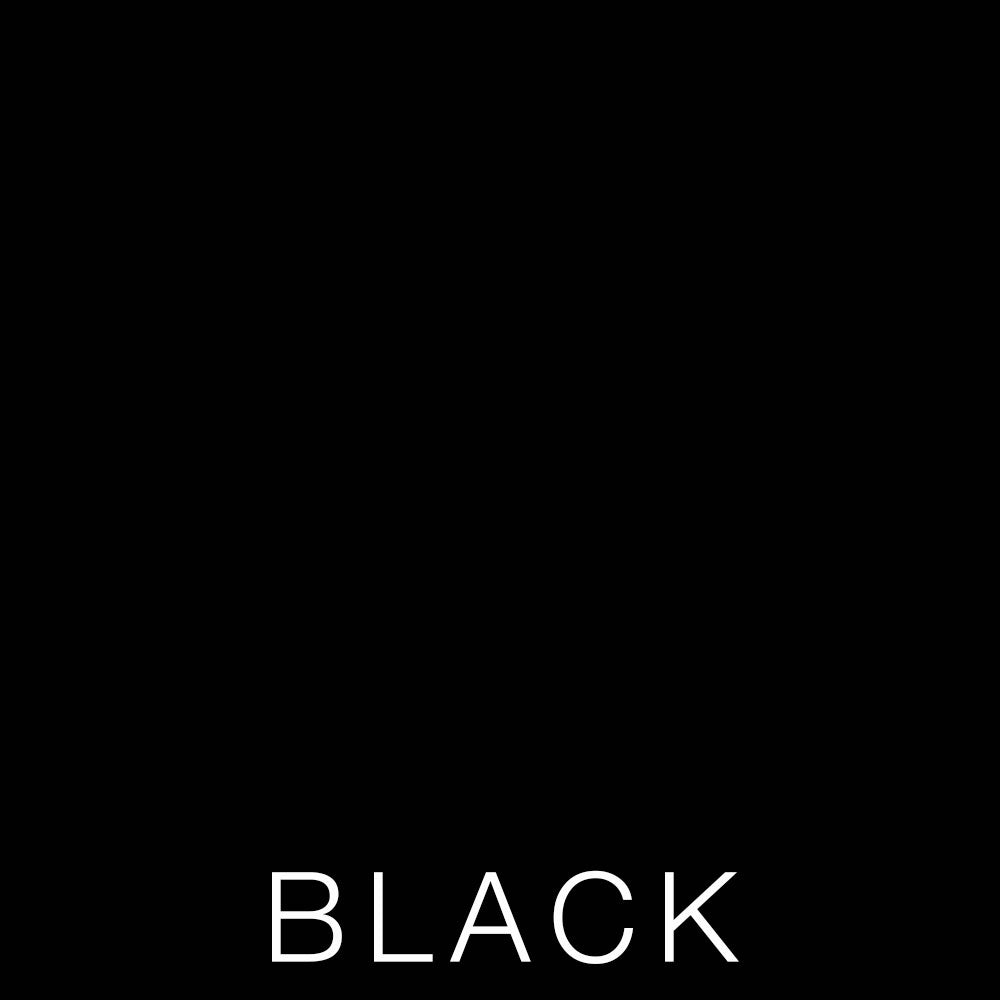 A solid black square with the word BLACK in white, all-capital letters centered at the bottom, evokes the crisp elegance of Airstream Custom 300 Thread Count Sheets for International Travel Trailers.