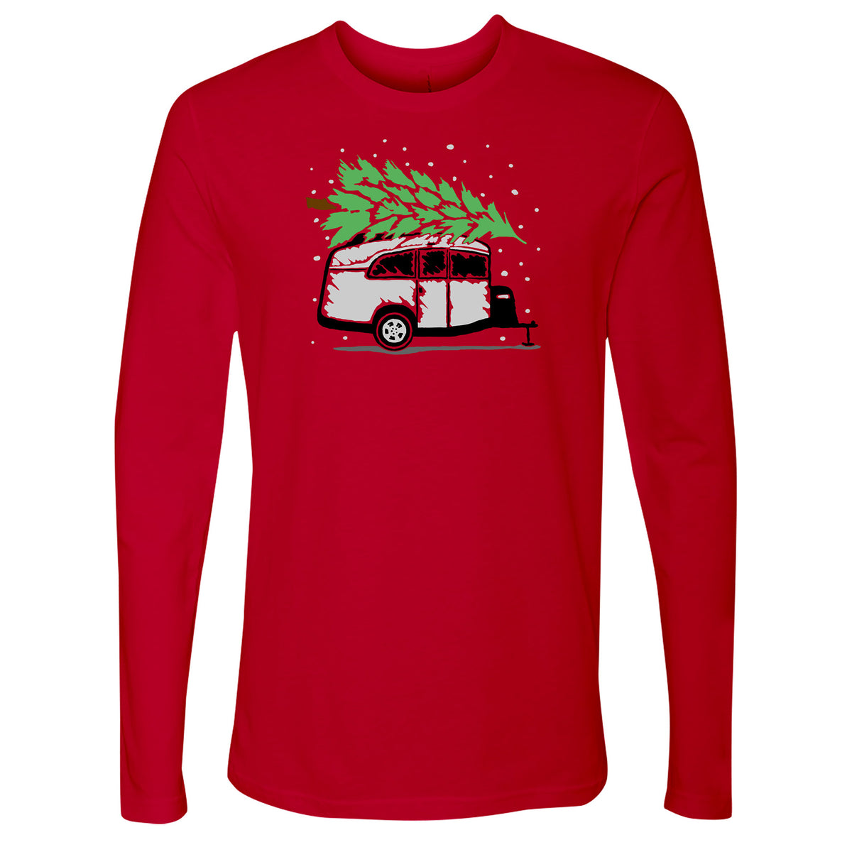 The Airstream Basecamp Holiday Long Sleeve T-Shirt features a red design with a graphic of a Basecamp Travel Trailer carrying a green Christmas tree on its roof, surrounded by white snowflakes—making it the perfect choice for celebrating the holiday season.