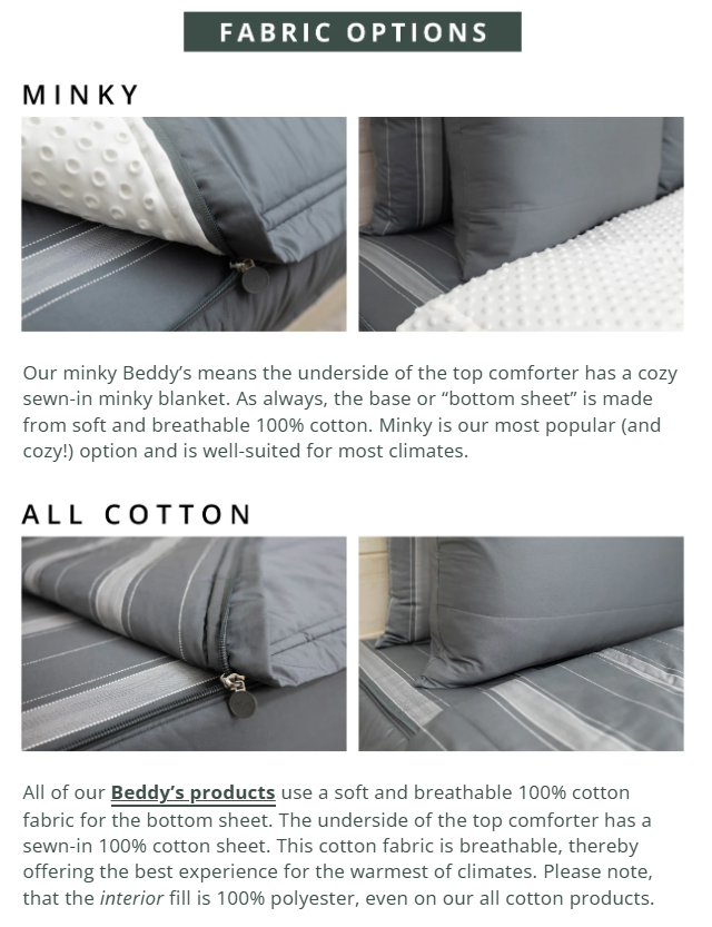Here’s a rewritten version using your product data: Two images feature close-ups of the Airstream RV Fit Beddy’s for Pan America Travel Trailers: one showcases the cozy Minky style with its soft, dotted texture, while the other highlights the All Cotton style with a smooth surface and stitched lines. Both styles appear in gray and white, making them ideal examples of convenient zippered bedding solutions for RV or Airstream bedding needs.