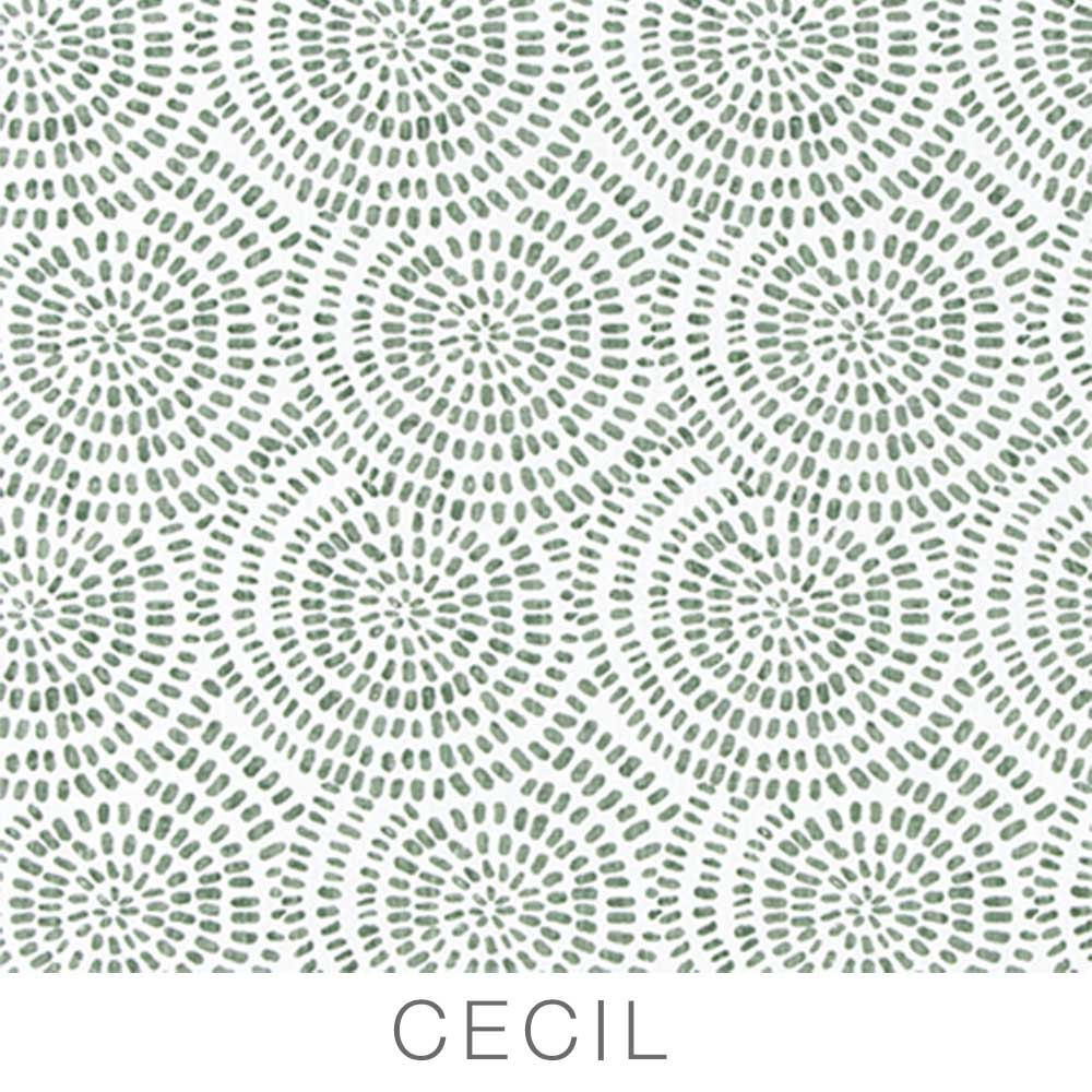 Pattern of green dotted concentric circles resembling sunbursts on a light background, with the word CECIL written below the design—perfect inspiration for Airstream Printed Custom Curtains for Pottery Barn Travel Trailers to brighten up any space.