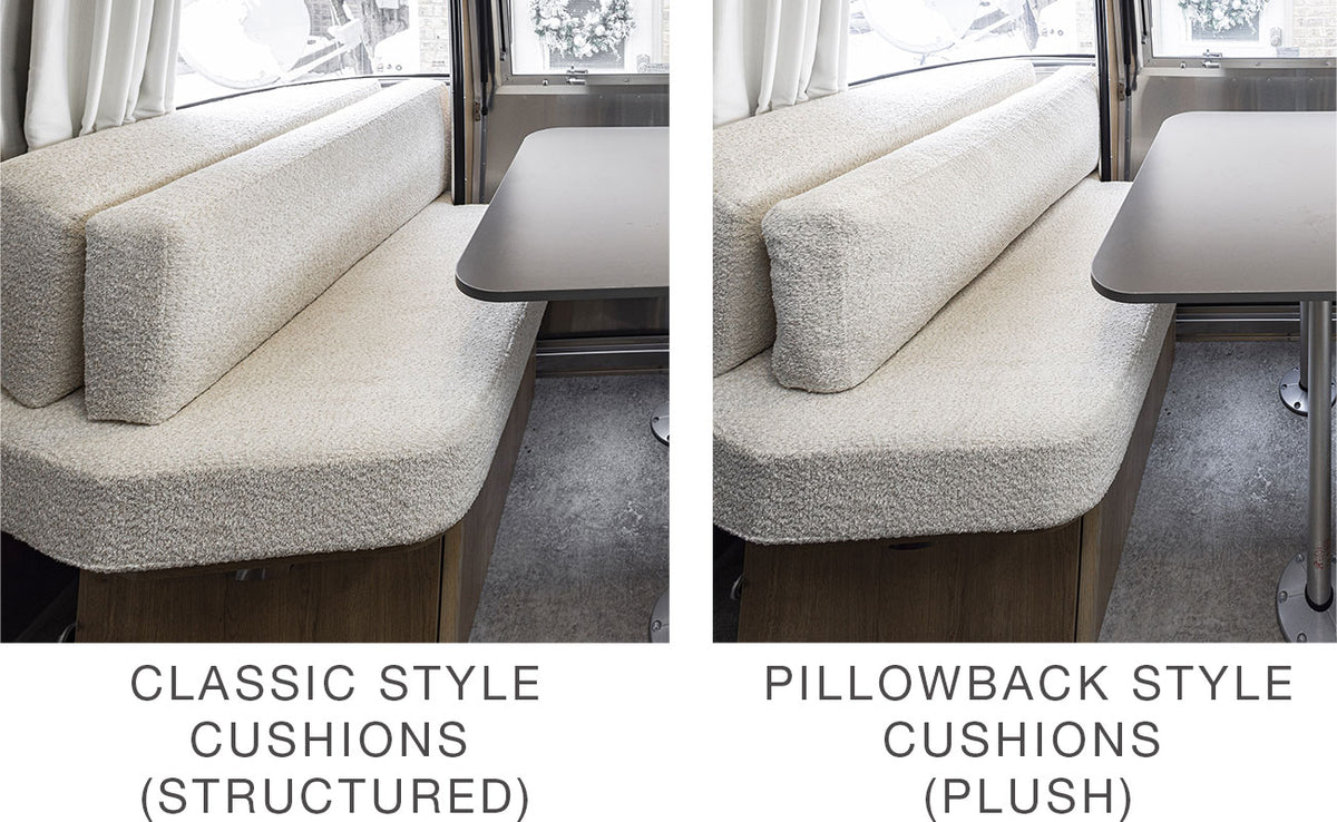 Side-by-side comparison of two Airstream Custom Replacement Cushions for 25′ and 27′ Flying Cloud Travel Trailers: the left displays a classic, structured style, while the right features a pillowback, plush style. Both are beige with an included table, wood base, and window setting. Ideal for those seeking custom dinette cushions or Airstream replacement cushions, these options also pair perfectly with gel memory foam cushions for added comfort.