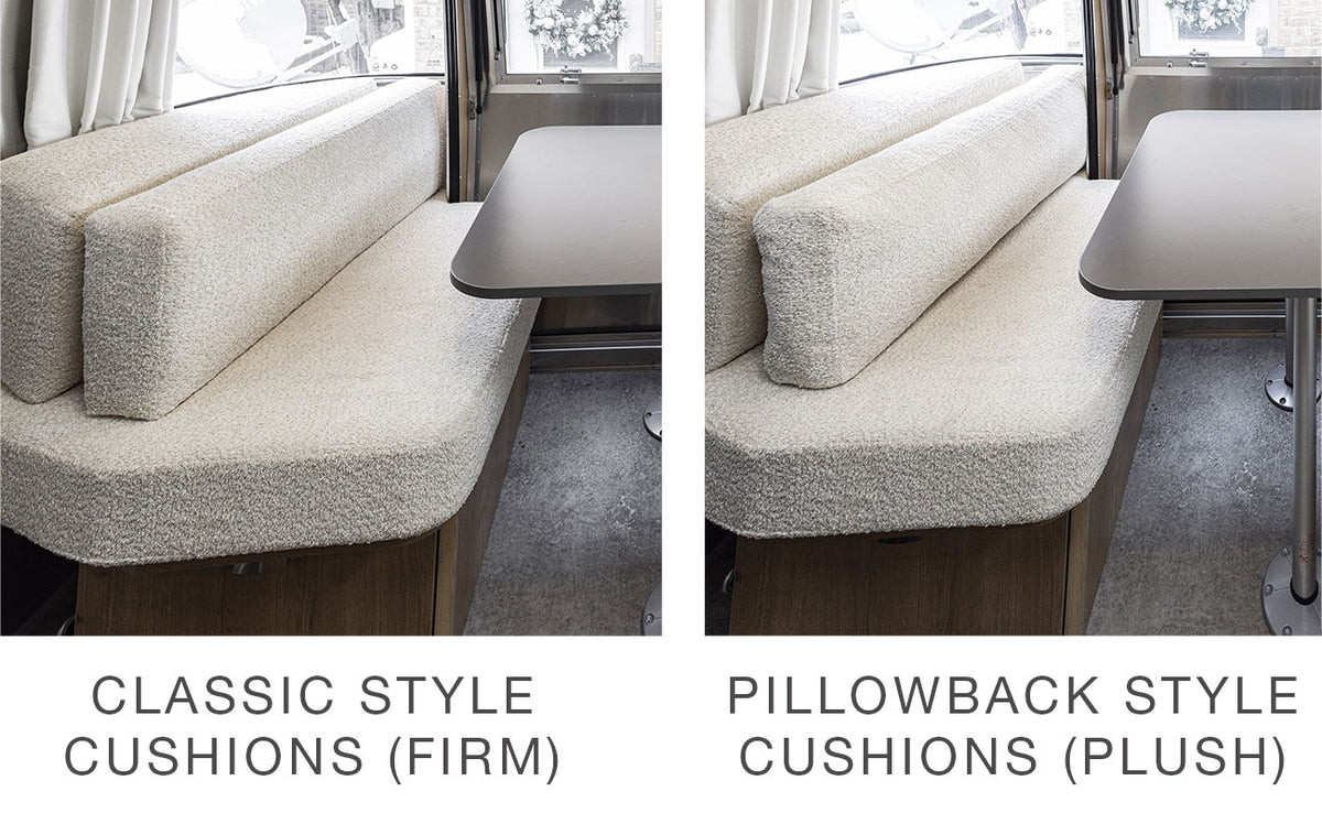 Side-by-side comparison of a dining area with classic style firm cushions on the left and pillowback style plush cushions on the right, both in a light fabric with a table in front.