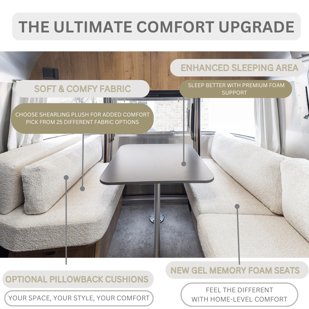 Interior of an RV dining area featuring Airstream Custom Replacement Cushions for 23′ CB International Travel Trailers with light beige, soft-fabric upholstery; custom dinette cushions with gel memory foam seats; enhanced sleeping area; and optional pillowback cushions.