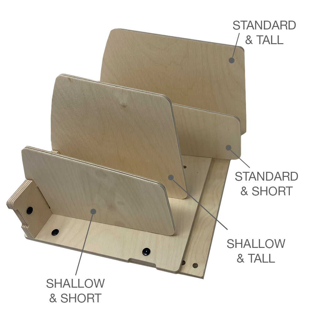 Dividers for Universal Roof Locker Organization by Airworthy Equipment Company feature four labeled wooden slots—shallow & short, shallow & tall, standard & short, and standard & tall—each with varying heights and depths to organize your Airstream Travel Trailer accessories efficiently.