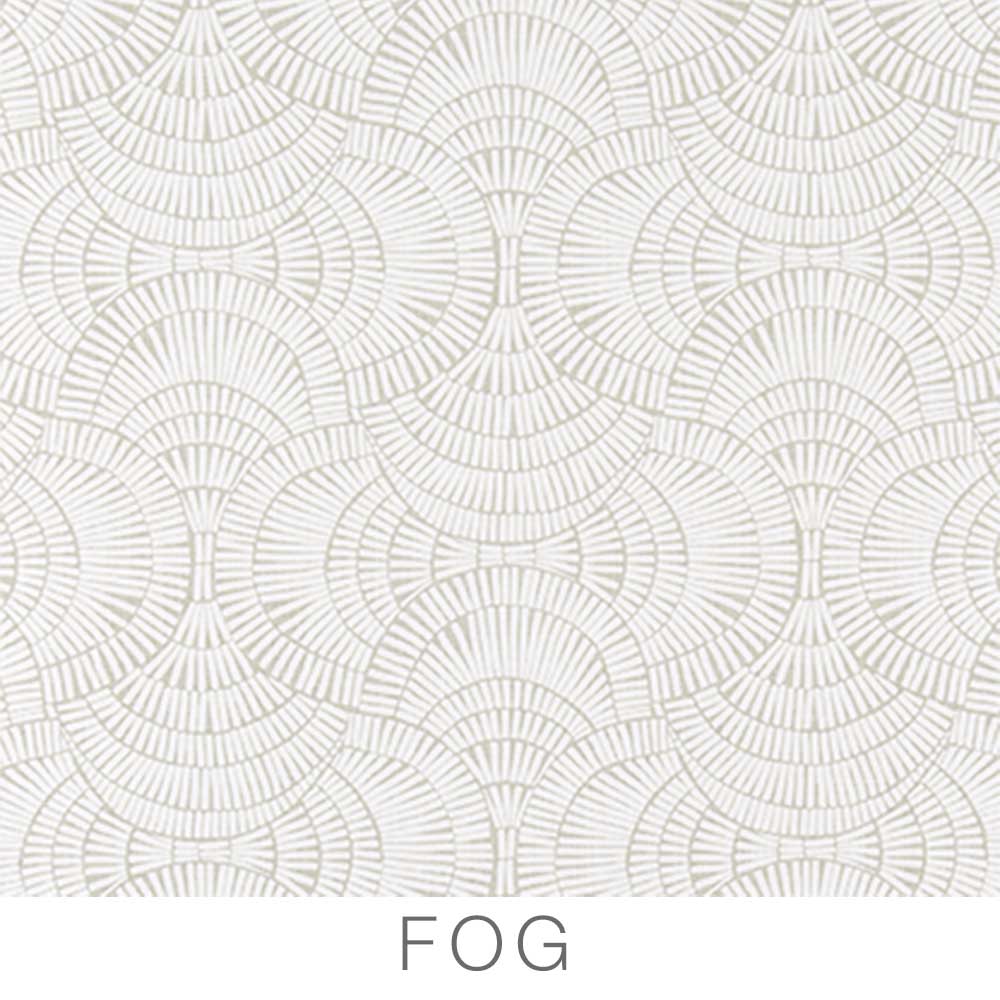 Featuring a repeating fan-shaped geometric pattern in light gray and white that resembles overlapping scales or shells, the Airstream Printed Custom Curtains for Victorinox Travel Trailers are perfect for custom replacement curtains or Airstream curtains. The background is white, with “FOG” labeled at the bottom in gray text.