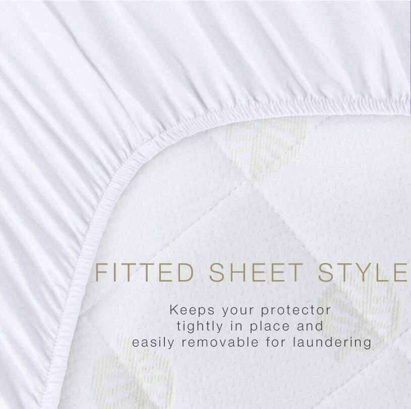 A close-up of a white fitted sheet corner stretched over a mattress. Text reads: Fitted encasement style—keeps your Airstream Custom Encasement for Globetrotter Travel Trailers securely in place and easily removable for cleaning.