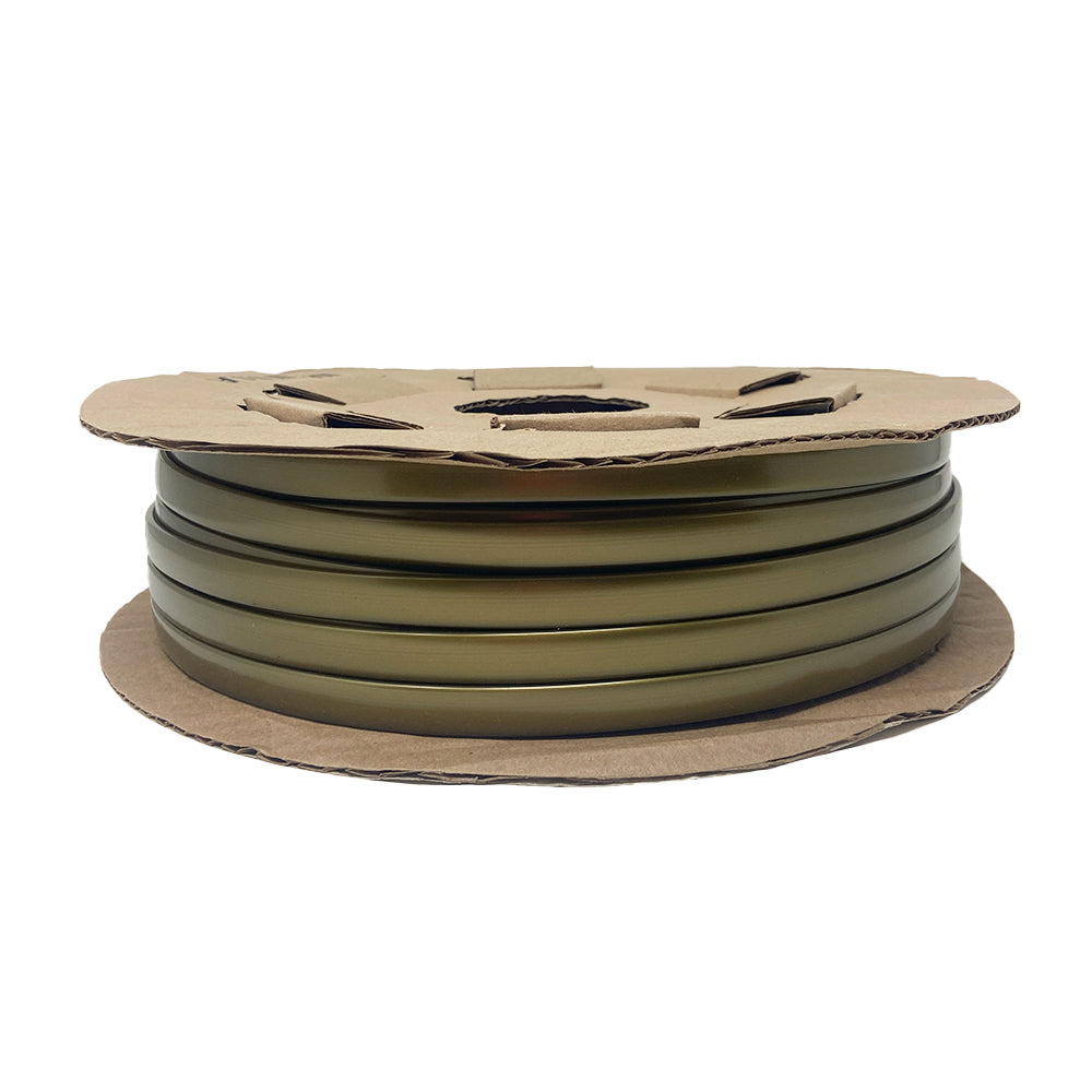 A spool of Airstream Premium Replacement Belt Trim for Travel Trailers in olive green is wound around a round, flat cardboard reel and displayed against a white background.