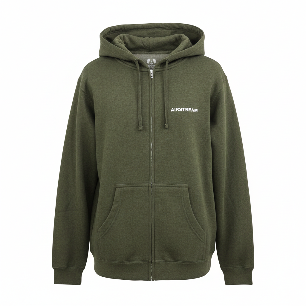 Stay cozy on your adventures with the Airstream Olive Fleece Full Zip Hoodie, featuring a soft fleece construction, roomy front pockets, a comfortable hood, a full zip-up front, and “AIRSTREAM” printed in white on the left chest.