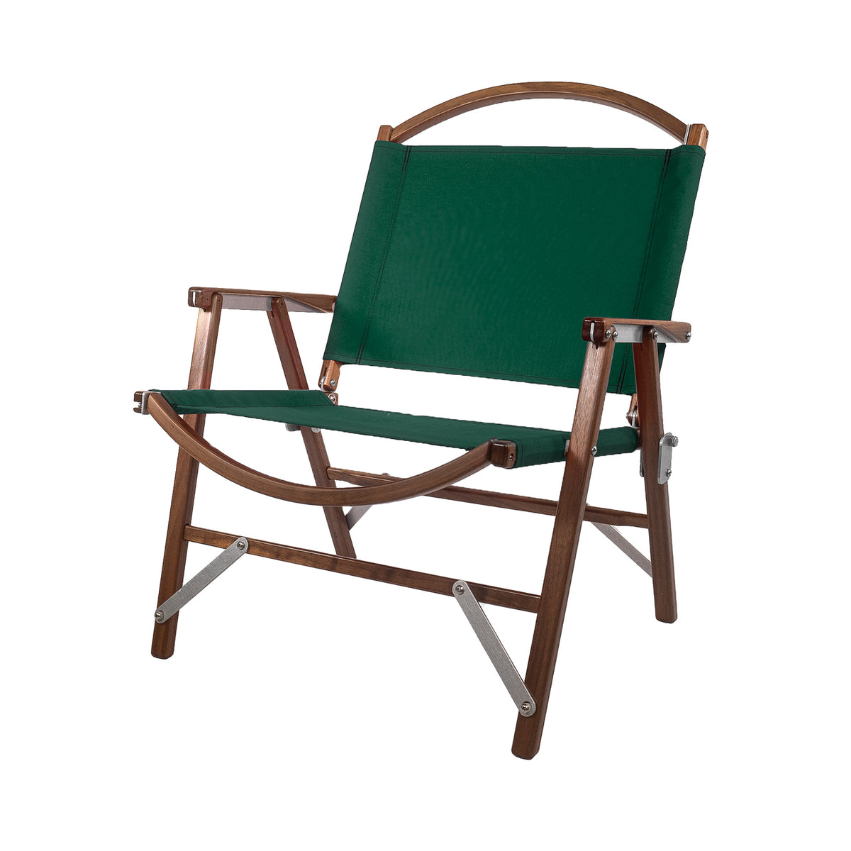 Introducing The Classic Walnut Chair by Kermit Chair Company: a foldable wooden chair with metal supports and armrests, featuring a green fabric seat and backrest. Inspired by the iconic Kermit Chair design, it’s perfect for any outdoor adventure.