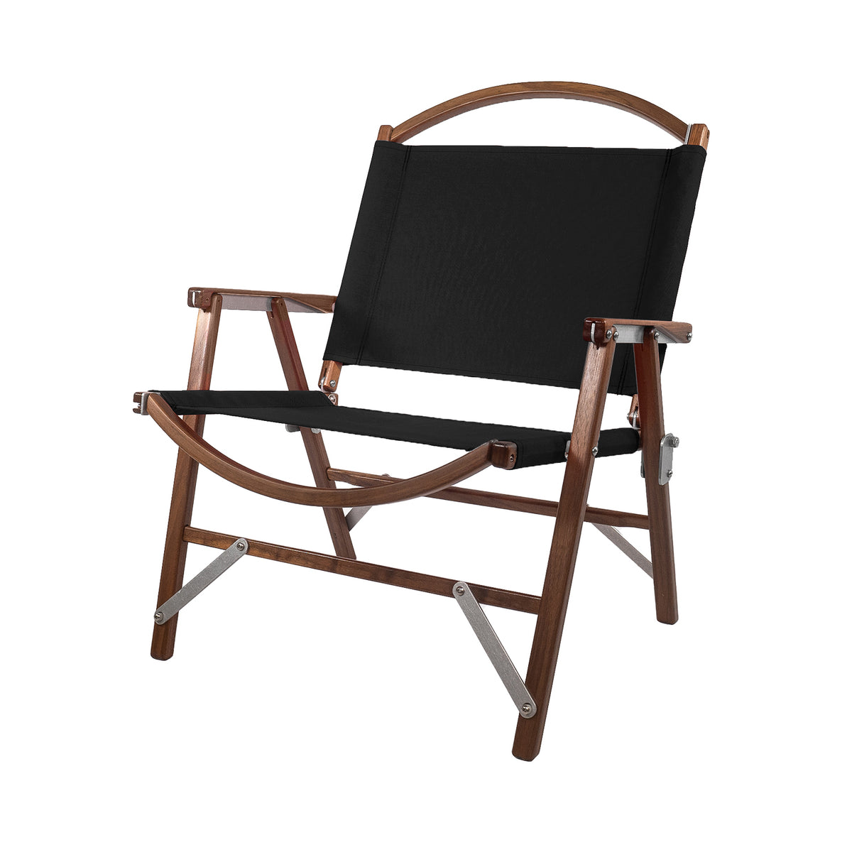 The Classic Walnut Chair by Kermit Chair Company is a wooden folding chair with a black fabric seat and backrest, featuring angular legs and armrests, set against a white background.