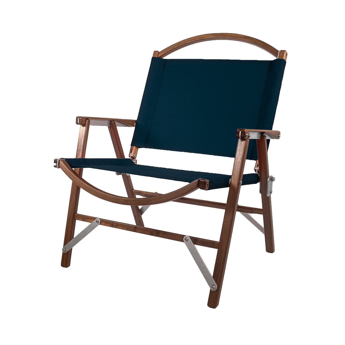 The Classic Walnut Chair by Kermit Chair Company is a foldable wooden camping chair featuring a dark blue fabric seat and backrest, displayed against a white background.