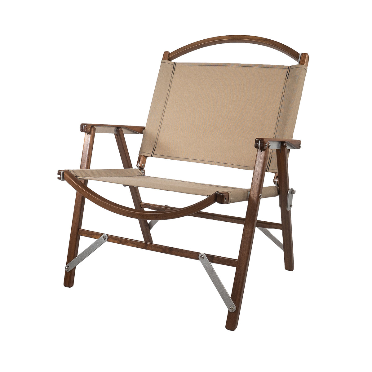 The Classic Walnut Chair by Kermit Chair Company is a foldable wooden camping chair featuring a tan fabric seat and backrest. Shown against a white background, this chair recalls the iconic Kermit Chair design and is equipped with metal hinges and angled support bars for enhanced stability.