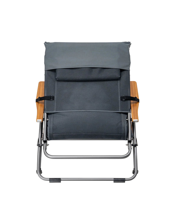 Gray folding chair with wooden armrests on a white background