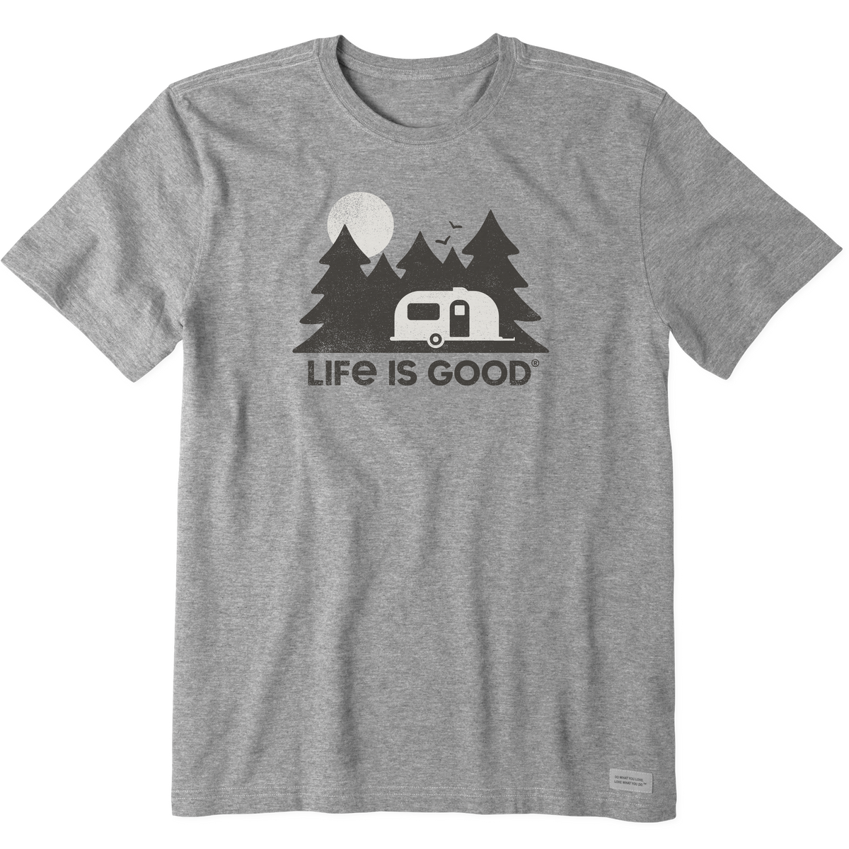 Airstream Forest Crusher T-Shirt by Life is Good® in gray, featuring a graphic of pine trees, a camper, a moon, and birds, with the text “LIFE IS GOOD” below the design.
