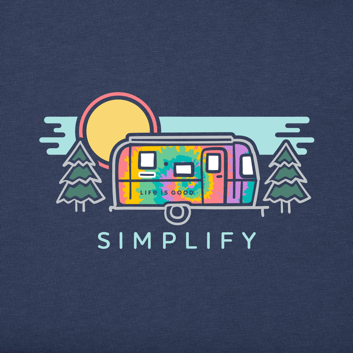 The Airstream Tie Dye Simplify Camper Women’s V-Neck T-Shirt by Life is Good® features a vibrant camper nestled among pine trees with a sunset backdrop, along with the word “SIMPLIFY” underneath, adding a positive touch to this soft and comfortable top.